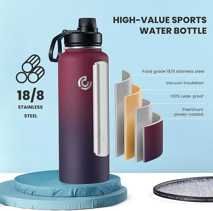 Sports Water Bottle 40oz, Insulated Water Bottle with Handle,Stainless Steel,Simple Modern,Suitable for Travel, School, Boy, Girl(Midnight)