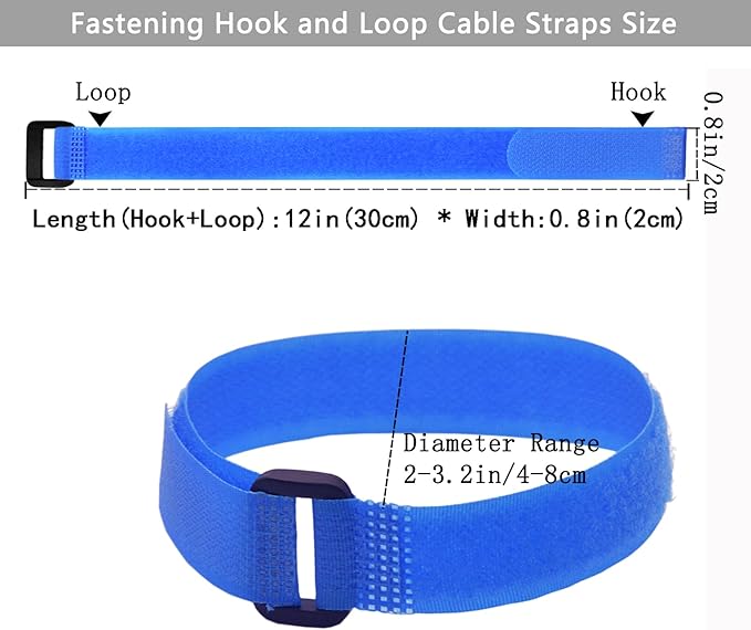 10 Pack (12 x 0.8 Inch) Reusable Fastening Cable Ties and Cable Straps Blue Color djustable Multi-Purpose Hook and Loop Straps Nylon Cable Ties Organizer Fastener Management Wire Straps