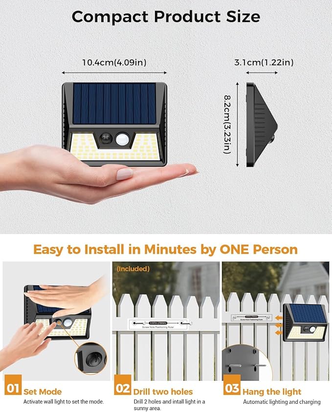 Vighep 4 Pack Solar Fence Lights, Waterproof Motion Sensor Deck Outdoor, Warm White LED Outside Wireless for Wall Yard Steps Stairs Garden - Black