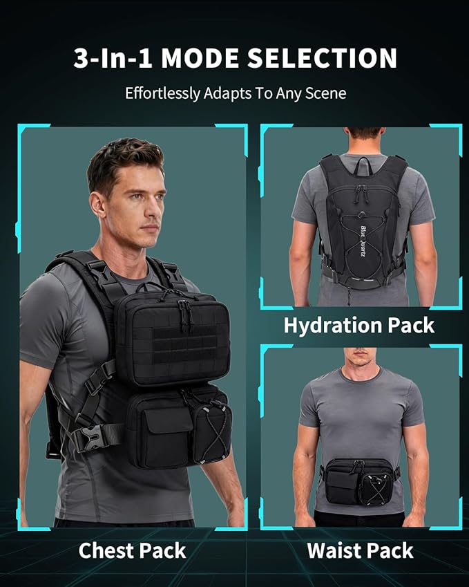Blue Quartz 3-in-1 Running Vest with 2L Water Bladder, Lightweight Tactical Hydration Backpack with Detachable Waist Pack, Reflective Chest Pack for Hiking Running Cycling Race for Women Men