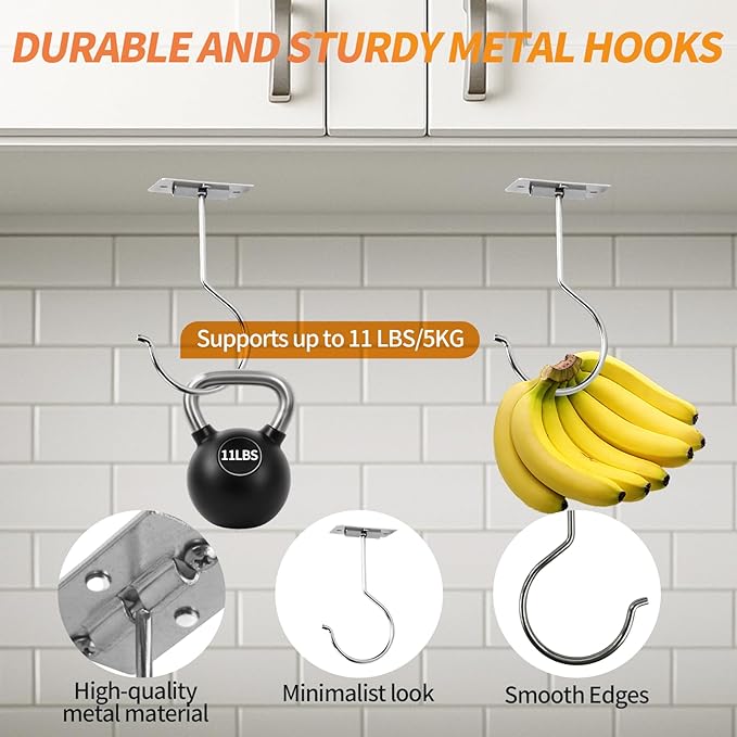 2PCS Banana Hook Under Cabinet,Adhesive Bananas Hanger with Fordable Design,Durable Metal Banana Holder for Hanging Bananas,Kitchen Organization Or Multi-Purpose Home Us(Silver)