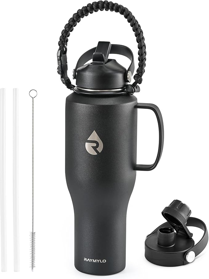 RAYMYLO Insulated Water Bottle 40oz (Cold for 48 Hrs), Stainless Steel Water Bottle with Handle & Straw Lid & Paracord Handle, Triple Wall Vacuum Leakproof Travel Flask, Fit in Any Car Cup Holder