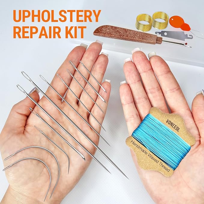 VONEEDL Upholstery Repair Kit: Waxed Sewing Thread (Light Blue Color) & Heavy Duty Needles (11 PCS) for Leather, Canvas & Quilting Thread