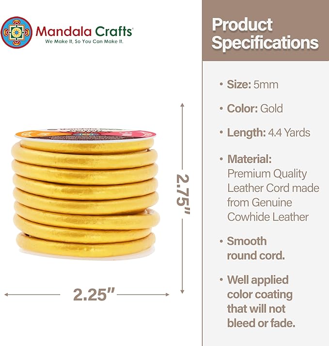 Mandala Crafts Round Genuine Gold Leather Cord for Jewelry Making – 5mm Cowhide Leather Rope String Lace for Kumihimo – 4.4 Yards Cowhide Craft Cording Spool