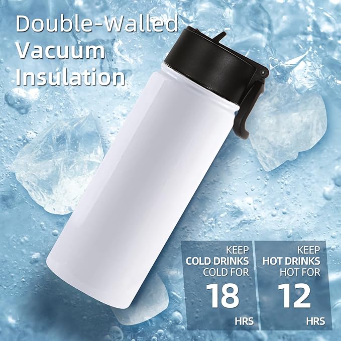 Volhoply 18oz Insulated Water Bottle Bulk 8 Pack,Kids Stainless Steel Water Bottles with Straw Lid,Double Wall Vacuum Reusable Metal Bottle,Wide Mouth Sports Flask For Cold Drink(Sublimation,8 Set)