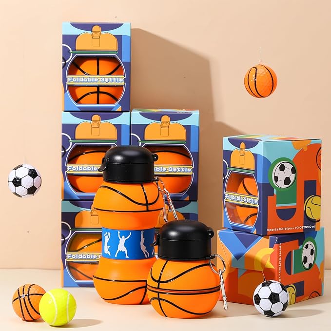 Layhit 8 Pcs Basketball Water Bottles 18oz Collapsible Basketball Water Cups for Kids Silicone Sport Party Favors for Players Lovers School Team Gifts Travel Sport Theme Party Accessories