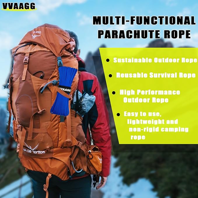 VVAAGG 1000 Blue Paracord Rope 100FT, 4mm Parachute Cord Utility 12 Strand Nylon Rope for Camping, Tent, Clothsline, Outdoor Hiking, Fishing (Blue, 100FT)