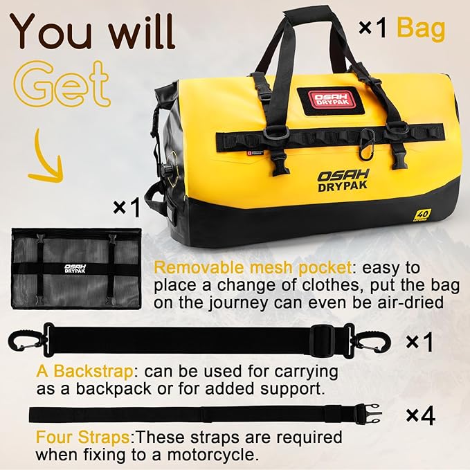 OSAH DRYPAK Waterproof Duffel Bag 25L/40L/60L – Heavy-Duty Motorcycle Tail Bag, Roll-Top Dry Bag for Travel, Camping, Boating, Kayaking, Outdoor Adventure