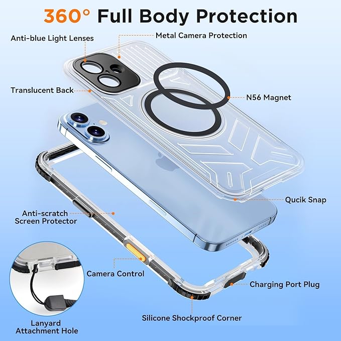 WIFORT for iPhone 16 Plus Waterproof Case, [IP68 Underwater] [Blue Light Filter Lens] [15FT Military Shockproof], Fit for Magsafe Full Body Magnetic Frosted Phone Case with Lanyard, 6.7" Black