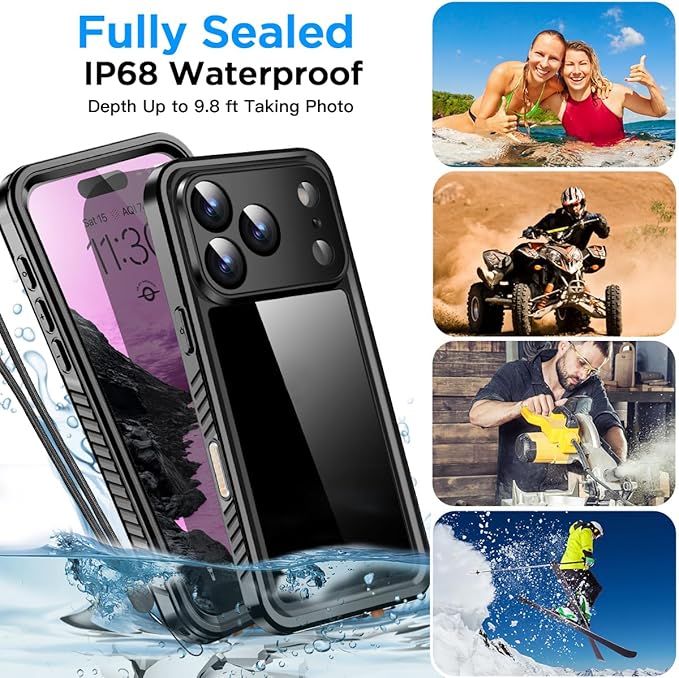 AICase Compatible with iPhone 17 Pro Max Case Waterproof, Clear Water Proof Built-in Screen Protector Shockproof Dustproof Snowproof Full Body Rugged Underwater Phone Case with Lanyard