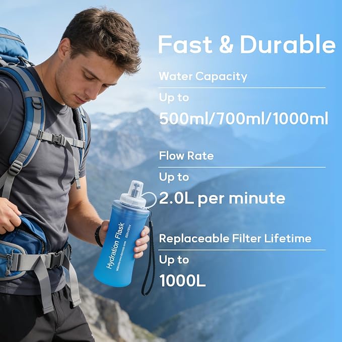 700ml Soft Flask Water Bottle, Collapsible Water Bottle with Filter, Perfect for Hiking, Backpacking, and Camping - Blue