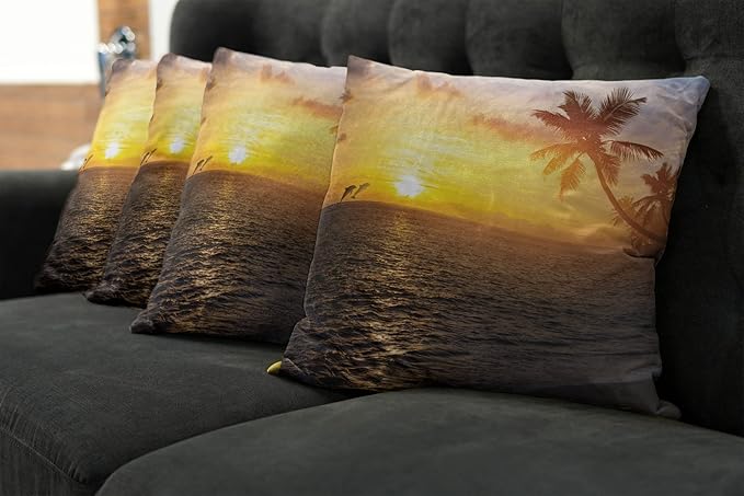 Ambesonne Beach Decorative Throw Pillow Case Pack of 4, Palm Trees in Tropical Island Beach Jumping Fishes and Majestic Sunset Image, Cushion Cover for Couch Living Room Car, 18", Bluegrey Yellow