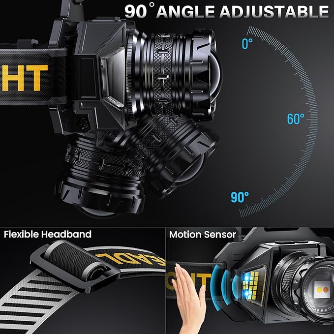 AKNEAR Rechargeable LED Headlamp, 2980 High Lumens Head Lamp with Red Light, Motion Sensor & 7 Modes & 95H Runtime, Zoomable & 90° Adjustable, IPX7 Waterproof Head Light for Adults, Outdoor