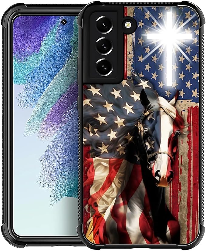 for Samsung Galaxy S21 Plus Case, Red American Flag Horse Cross Pattern Graphic Design Girl Boy Soft Silicone Hard Acrylic Shock Protection for Samsung Galaxy S21 Plus