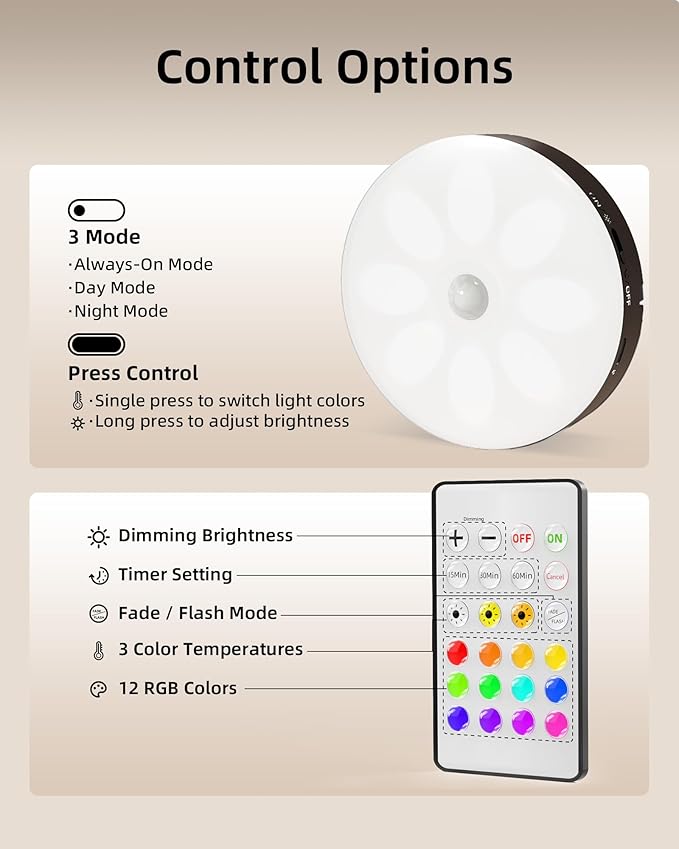 EZVALO Under Cabinet Lighting, 1000mAh Rechargeable Puck Lights with Remote, 3 Color Temps & 12 RGB Motion Sensor Closet Lights, Dimmable Under Cabinet Lights for Kitchen, Cabinets, Closet (3 Packs)