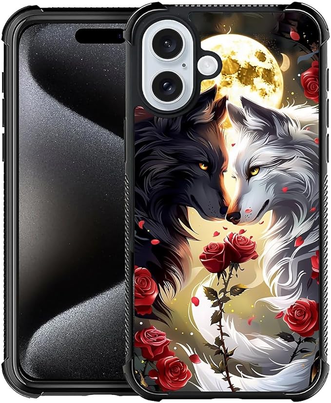 for iPhone 16 Case, Black White Wolf Moon Flower Rose Pattern Graphic Design Girl Boy Soft Silicone Hard Acrylic Shock Protection for iPhone 16