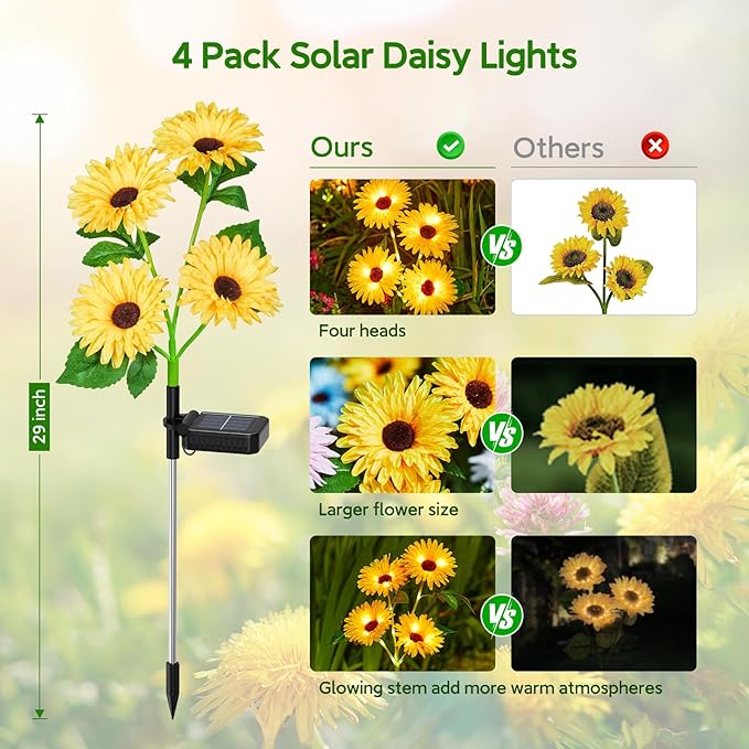 WdtPro Solar Lights Outdoor Garden Decor, 4 Pack Garden Lights with 16 Glowing Daisy Flowers, Solar Flowers Outdoor Waterproof for Outside Yard Patio,Gifts