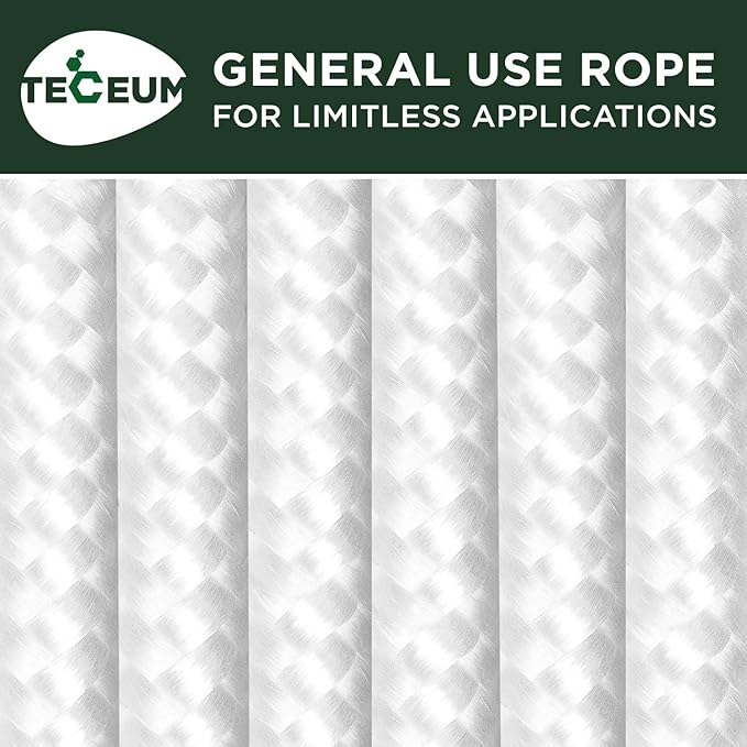 TECEUM Rope – 150 Feet x 1/4 Inch (7mm) – White – Strong All-Purpose Utility Rope – Camping, Crafting, Flag Pole, Indoor & Outdoor – Polypropylene Nylon Poly Lightweight Diamond Braided Cord