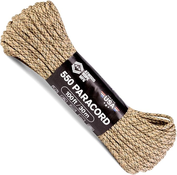 Atwood Rope MFG 550 Paracord 100 Feet 7-Strand Core Nylon Parachute Cord Outside Survival Gear Made in USA | Lanyards, Bracelets, Handle Wraps, Keychain (Desert)