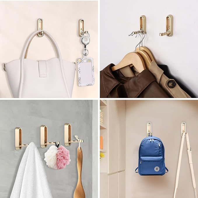 Dntorx Folding Wall Hooks, 4 Pcs Foldable Gold Coat Hooks Heavy Duty Foldable Hook Bathroom Towel Hooks Robe Hooks Wall Mounted for Hanging Coat Towels Clothes Hat Bags Keys