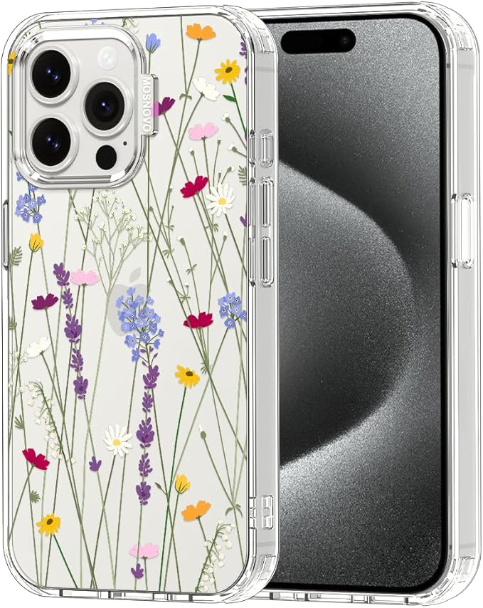 MOSNOVO Case for iPhone 15 Pro Max, [Buffertech 6.6ft Military-Grade Drop Protection] [Anti Peel Off Tech] Clear TPU Bumper Phone Case Cover Design - Floral Garden