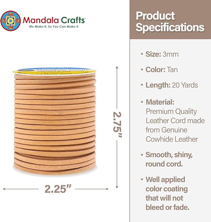 Mandala Crafts Round Genuine Tan Leather Cord for Jewelry Making – 3mm Cowhide Leather Rope String Lace for Kumihimo – 20 Yards Cowhide Craft Cording Spool