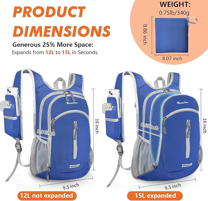 Seektop Small Hiking Backpack Expandable 12L-15L, Lightweight Packable Waterproof Daypack with Phone Pocket for Women Men