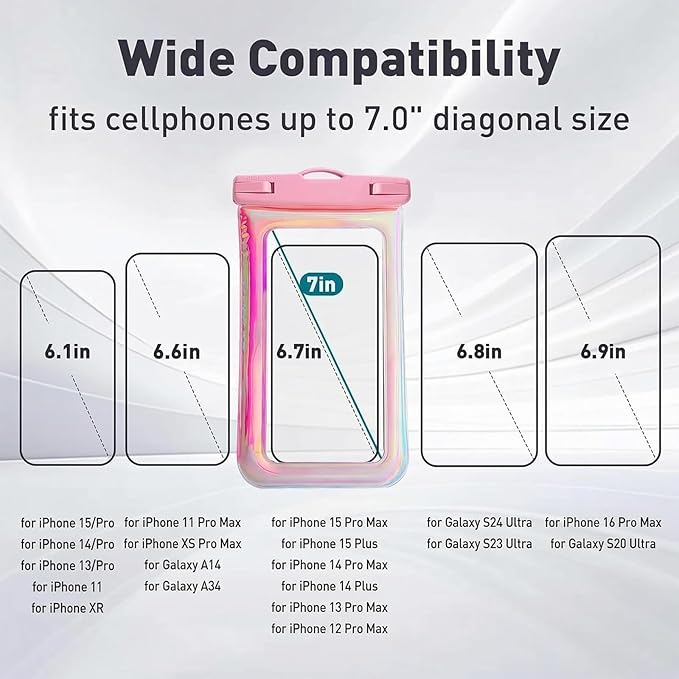 Floatable Waterproof Phone Pouch Case for iPhone 17 16 Pro Max/15/14/13/12, IP68 Travel Cellphone Dry Bag, Beach Cruise Ship Essentials Bags with Crossbody Lanyard,Iridescent Pink(1 Pack)