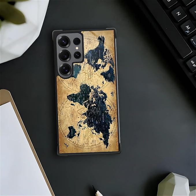for Samsung Galaxy S25 Ultra Case,Graphic Design for Girl Boy Soft Silicone Hard Acrylic Shock Protection Designed for Samsung Galaxy S25 Ultra Brown World Map Pattern