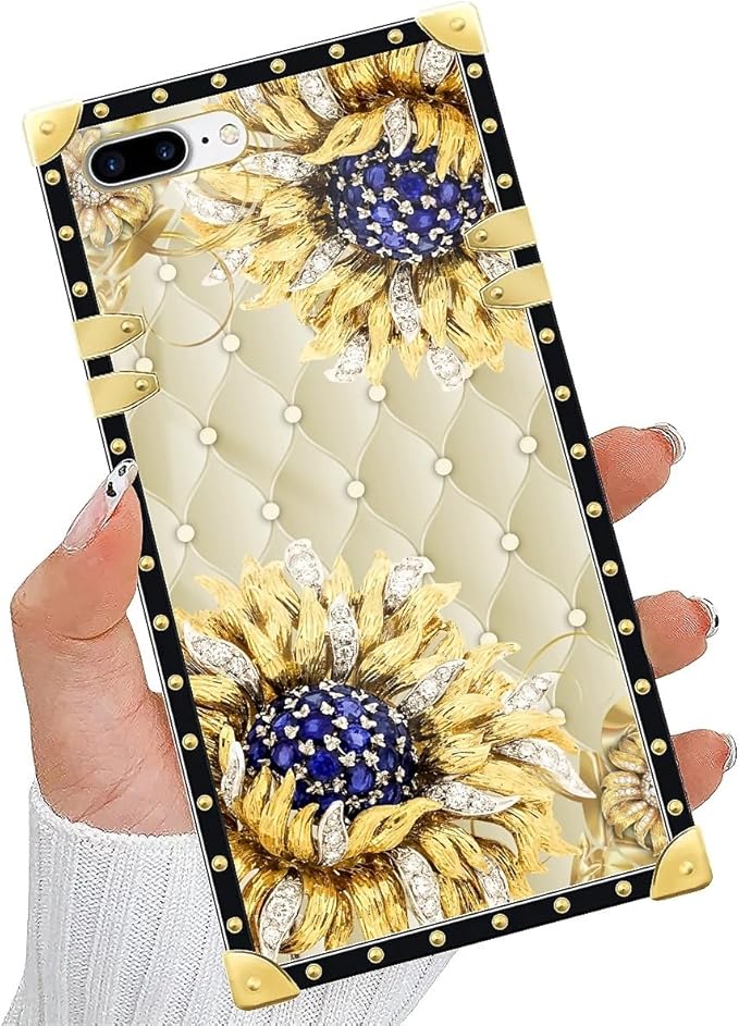 Compatible with iPhone 8 Plus 7 Plus Case, Sunflower Diamonds Leather Luxury Golden Decoration for Girl Women Soft TPU Shockproof Protective Hard PC Back for iPhone 8 Plus 7 Plus