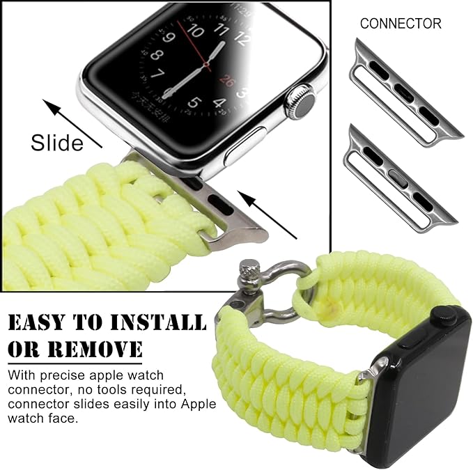 Savior Survival Gear Apple Watch Band 38mm Replacement Survival Paracord Watch Band with Stainless Steel Adjustable Shackle (550 Paracord, Large) (Glow in the Dark Yellow)