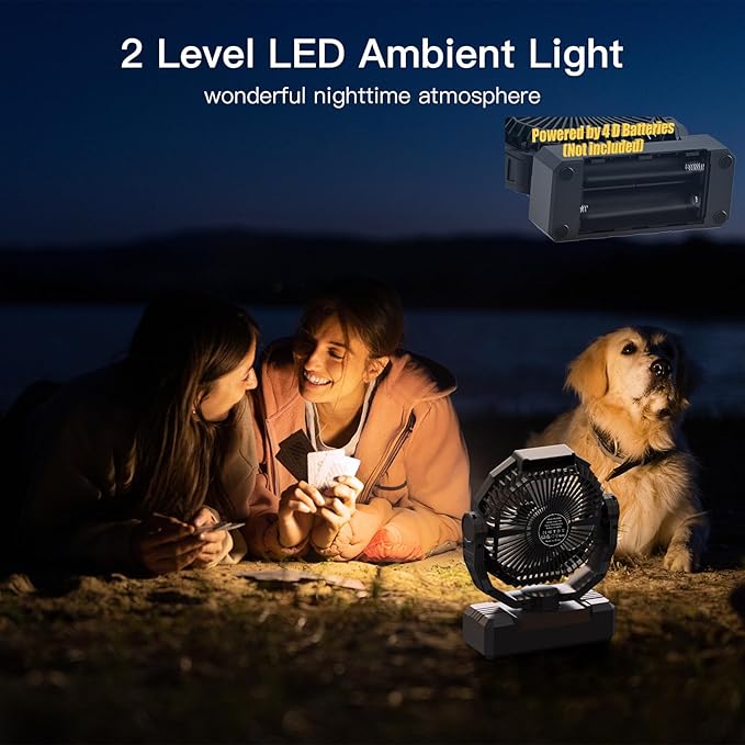 Battery Operated Fan [200H Max], 2 in 1 D-Cell Battery & USB Powered Fans, Portable Camping Fan with 4 Speeds, Light, Timer, Remote for Outdoor Tent, Travel, Picnic, Office, Bedroom - Black