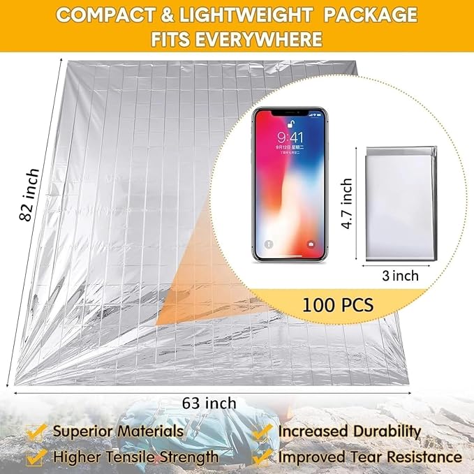 Emergency Survival Blanket, Mylar Thermal Blanket, Gigantic Space Blanket 82" x 63" (2)