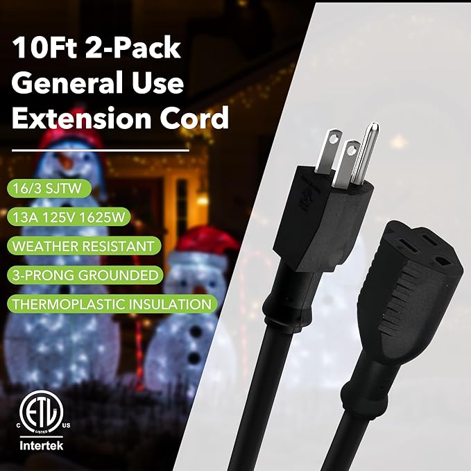BN-LINK [2 Pack] 10ft Indoor Outdoor Extension Cord 16/3 SJTW, Black, 3-Prong, Weather Resistant & Flame Retardant, for Garden, Landscaping & Holiday Decorations