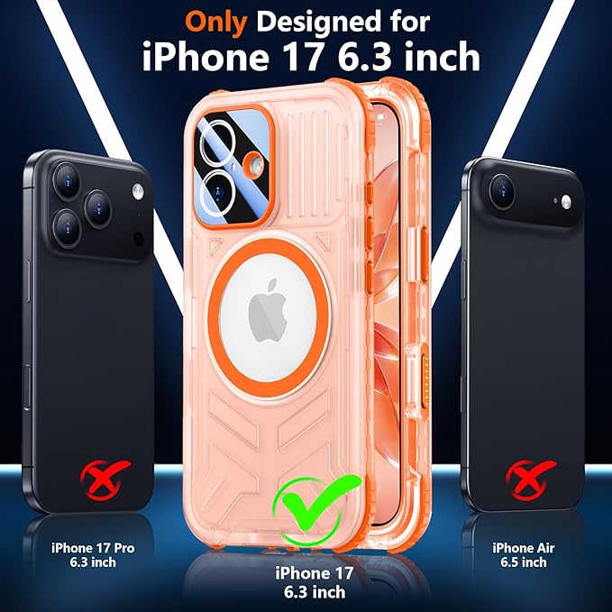 SPIDERCASE Magnetic for iPhone 17 Case Waterproof,[Built-in Screen & Camera Protector] [IP68 Underwater] 12FT Military Shockproof, Dustproof, Anti-Scratched Phone Case,Orange/Clear