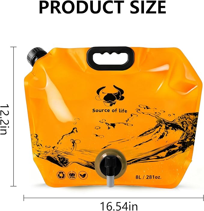 Collapsible 8L Water Storage Bag, BPA-Free Portable Folding Water Jug with Adjustable Faucet, Leakproof Emergency Water Bag for Camping, Hiking, Riding, Outdoor Sport (4, Orange)