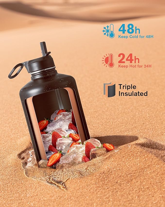 Coolflask 128 oz Gallon Water Bottle Insulated with Straw&3 Lids, Water Jug Large Stainless Steel Metal Vacuum Wide Mouth for Sports, Gym or Office, Non-BPA Keep Cold 48H Hot 24H, Starry Night
