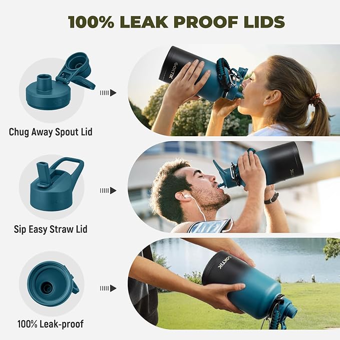 COKTIK 64oz Insulated Water Bottle - Stainless Steel Vacuum Metal, Portable ½ Gallon Large-Capacity Sports Bottle with Straw, Carry Bag and Handle Strap, Ideal for Gym & Hiking(Dark Night)