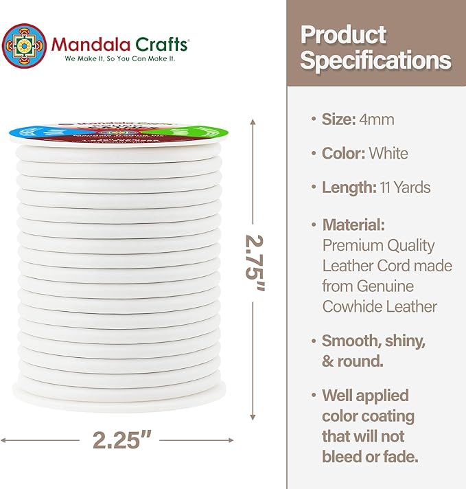 Mandala Crafts Round Genuine White Leather Cord for Jewelry Making – 4mm Cowhide Leather Rope String Lace for Kumihimo – 11 Yards Cowhide Craft Cording Spool