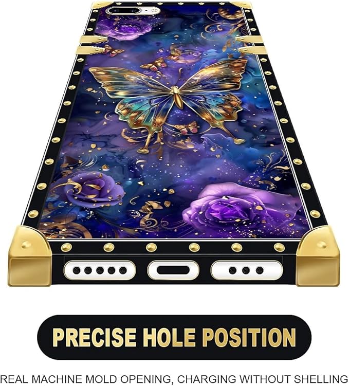 Compatible with iPhone 8 7 SE Case, Glistening Golden Butterfly Vibrant Purple Blue Luxury Golden Decoration for Girl Women Soft TPU Shockproof Protective Hard PC Back