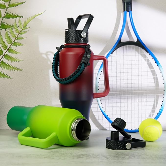 BJPKPK Insulated Water Bottles with Straw Lid, 35oz Metal Water Bottle with 2 lids & Paracord Strap, Double Wall Stainless Steel Tumbler with Handle, Reusable Cups, Mugs, Thermo, Charming Red