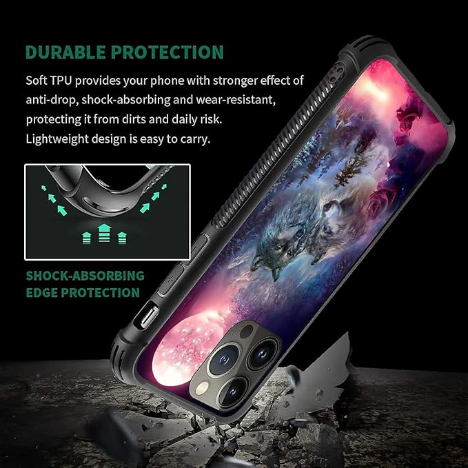 for iPhone 14 Pro Max Case, Star Two Wolfs Howling Pattern Graphic Design Girl Boy Soft Silicone Hard Acrylic Shock Protection for iPhone 14 Pro Max