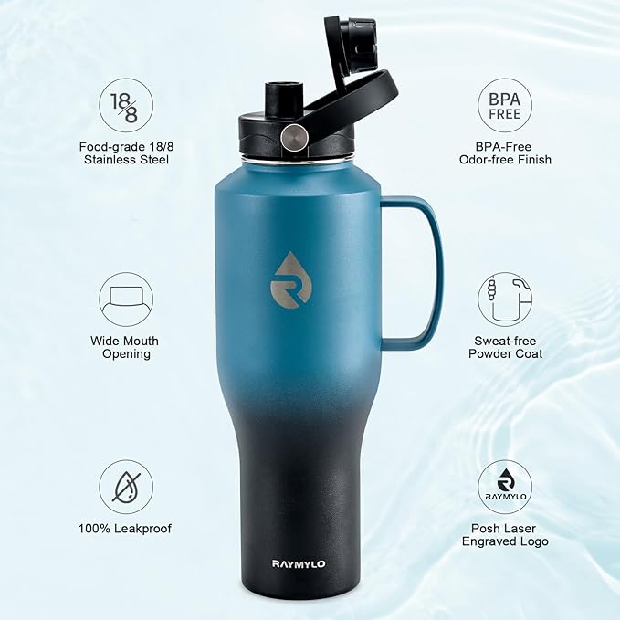 RAYMYLO Insulated Water Bottle 40oz (Cold for 48 Hrs), Stainless Steel Water Bottle with Handle & Straw Lid & Paracord Handle, Triple Wall Vacuum Leakproof Travel Flask, Fit in Any Car Cup Holder