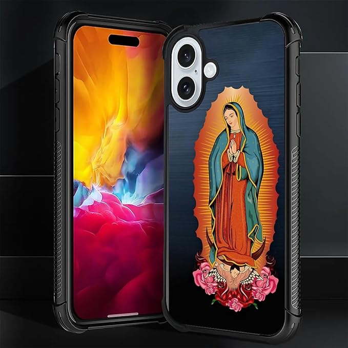 for iPhone 16 Case, Red Virgen Guadalupe Pattern Graphic Design Girl Boy Soft Silicone Hard Acrylic Shock Protection for iPhone 16