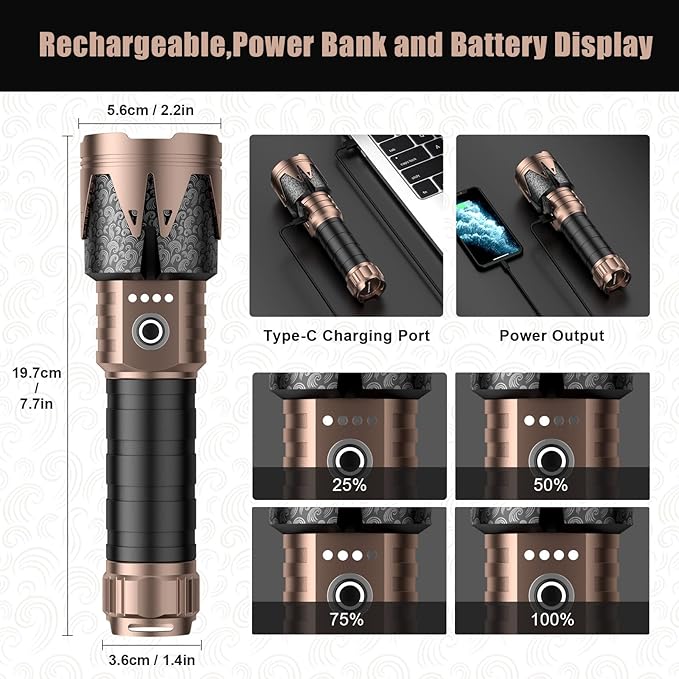 SKYFIRE Rechargeable Flashlight with Ignition Lens,5000 Super Bright Tactical Flashlights High Lumens Zoomable,6Modes,Waterproof LED Flash Light for Camping Essentials Outdoor&Home Emergency-Upgraded