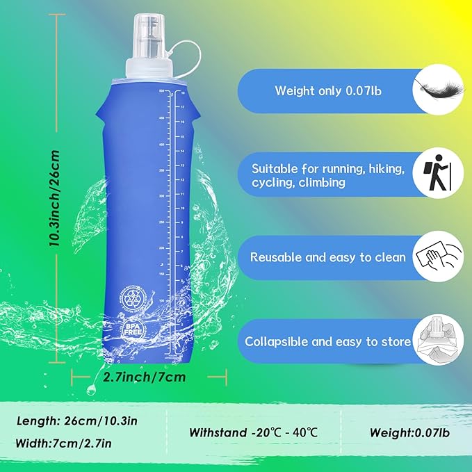 Flexible Running Bottles - Two Pack: 500ml/17oz, Foldable, BPA/PVC Free Soft Flask for Hydration Vests and Running Packs,Collapsible Leak-proof Pocket Bottle for Jogging, Hiking, Cycling, Climbing