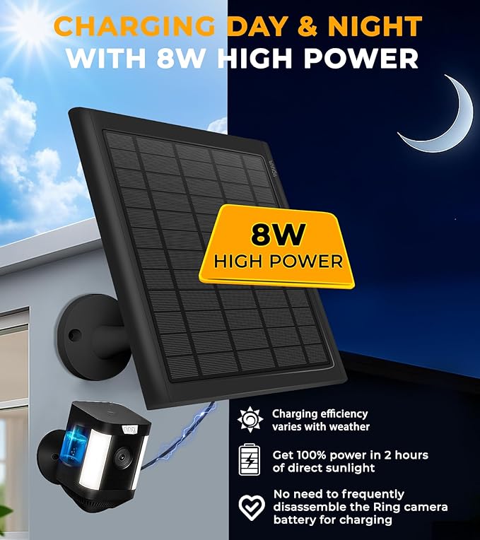 8W Solar Panel for Ring Camera, 2-Pack Solar Panel Charger Compatible with Ring Stick Up Cam Battery, Spotlight Cam Battery, Includes Barrel Plug to USB-C Adapter, IP65 Waterproof, 10ft Cable