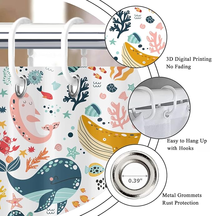 Kids Whale Shower Curtain, Funny Cute Ocean Fish Cartoon Sealife Under Sea Coral Starfish Bath Curtain Waterproof Fabric Machine Washable with Hooks, 65" Wx72 L