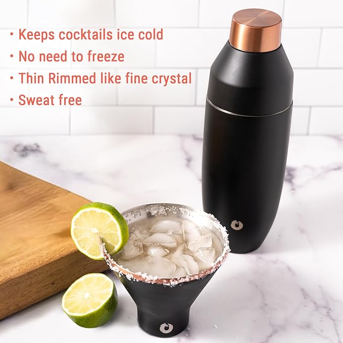 Snowfox Premium Vacuum Insulated Stainless Steel Martini Glass, Set of 2, Martinis Stay Icy Cold, Stemless Cocktail Glasses, Elegant Home Entertaining, Bold Beautiful Barware Set, 8 oz, Dark Walnut