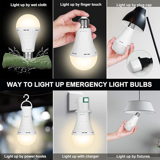 Ostwiki Rechargeable Light Bulbs, 1200mAh Led Battery Backup Bulb for Lamps 6 Pack Emergency Light Bulbs for Power Outage Hurricane Camping 9W 3000K A21 Warm Light Battery Operated Light Bulb E26